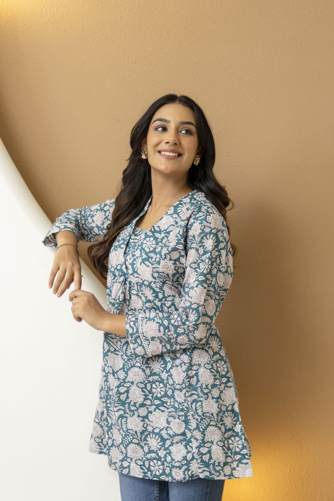 Teal Floral Cotton Short Kurti for Women