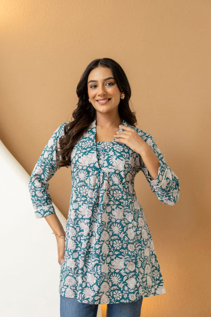 Teal Floral Cotton Short Kurti for Women