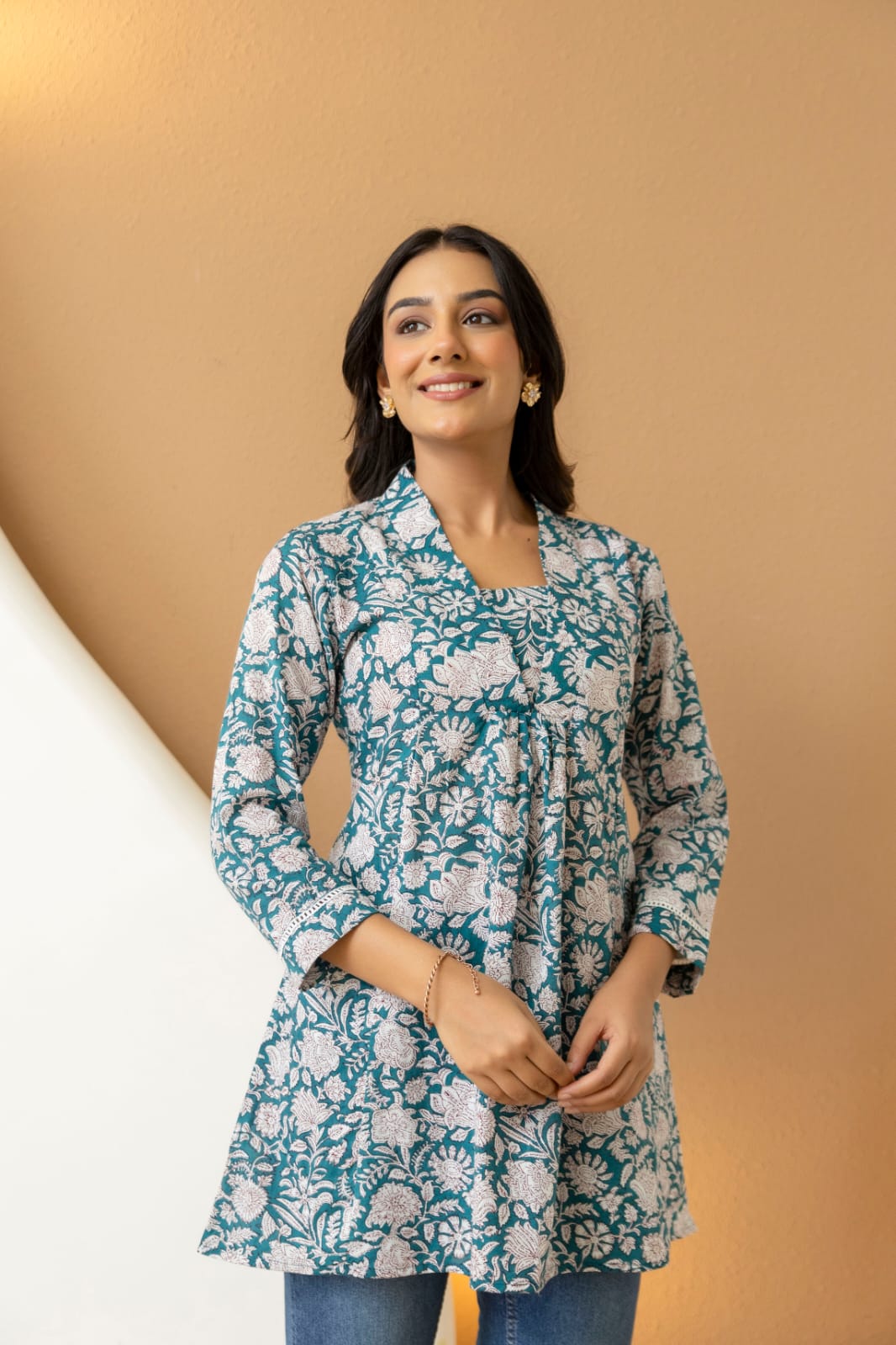 Teal Floral Cotton Short Kurti for Women