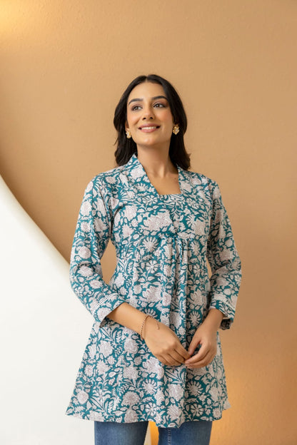 Teal Floral Cotton Short Kurti for Women