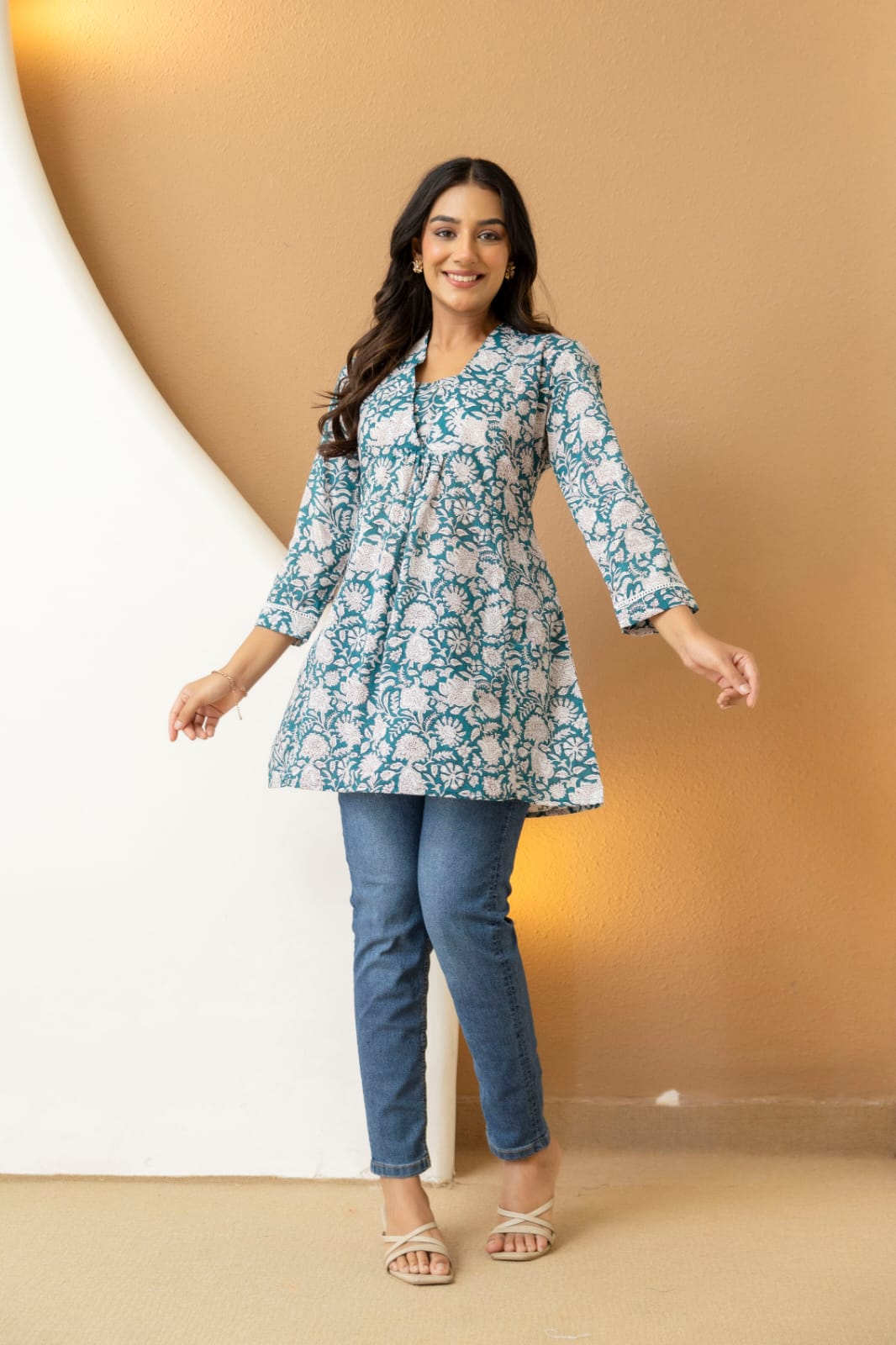 Teal Floral Cotton Short Kurti for Women