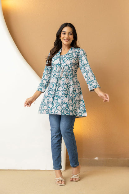 Teal Floral Cotton Short Kurti for Women