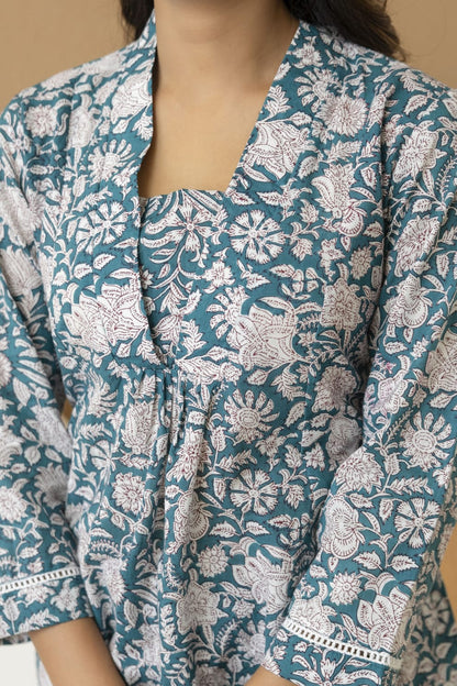 Teal Floral Cotton Short Kurti for Women