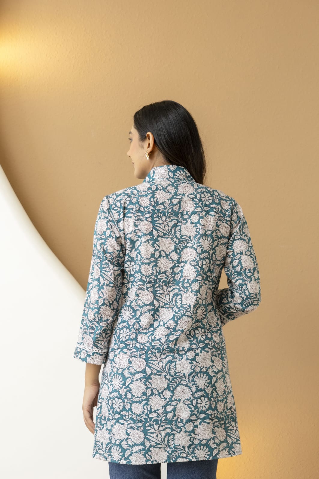 Teal Floral Cotton Short Kurti for Women