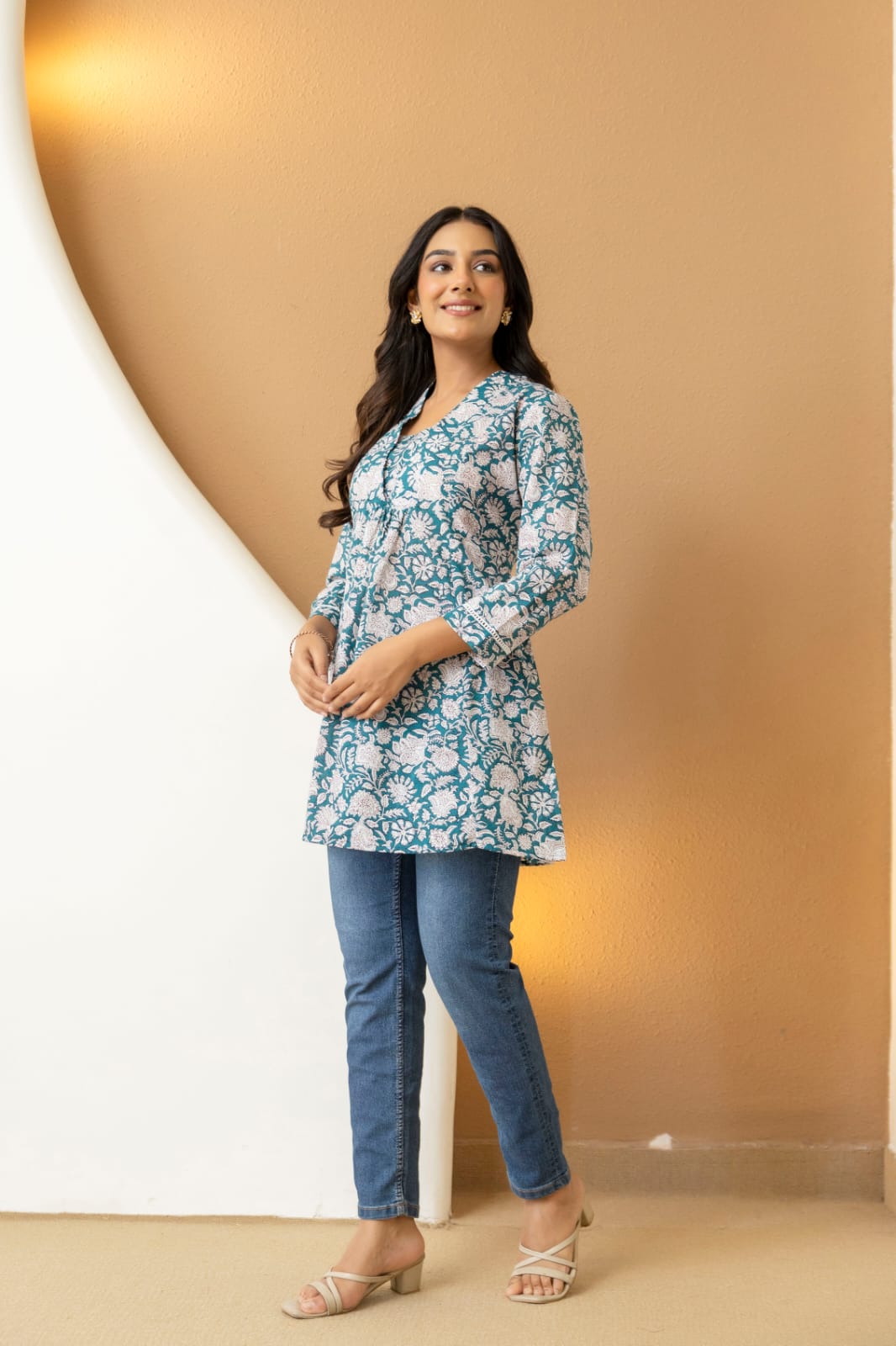 Teal Floral Cotton Short Kurti for Women