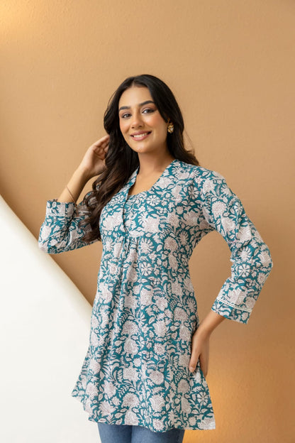 Teal Floral Cotton Short Kurti for Women