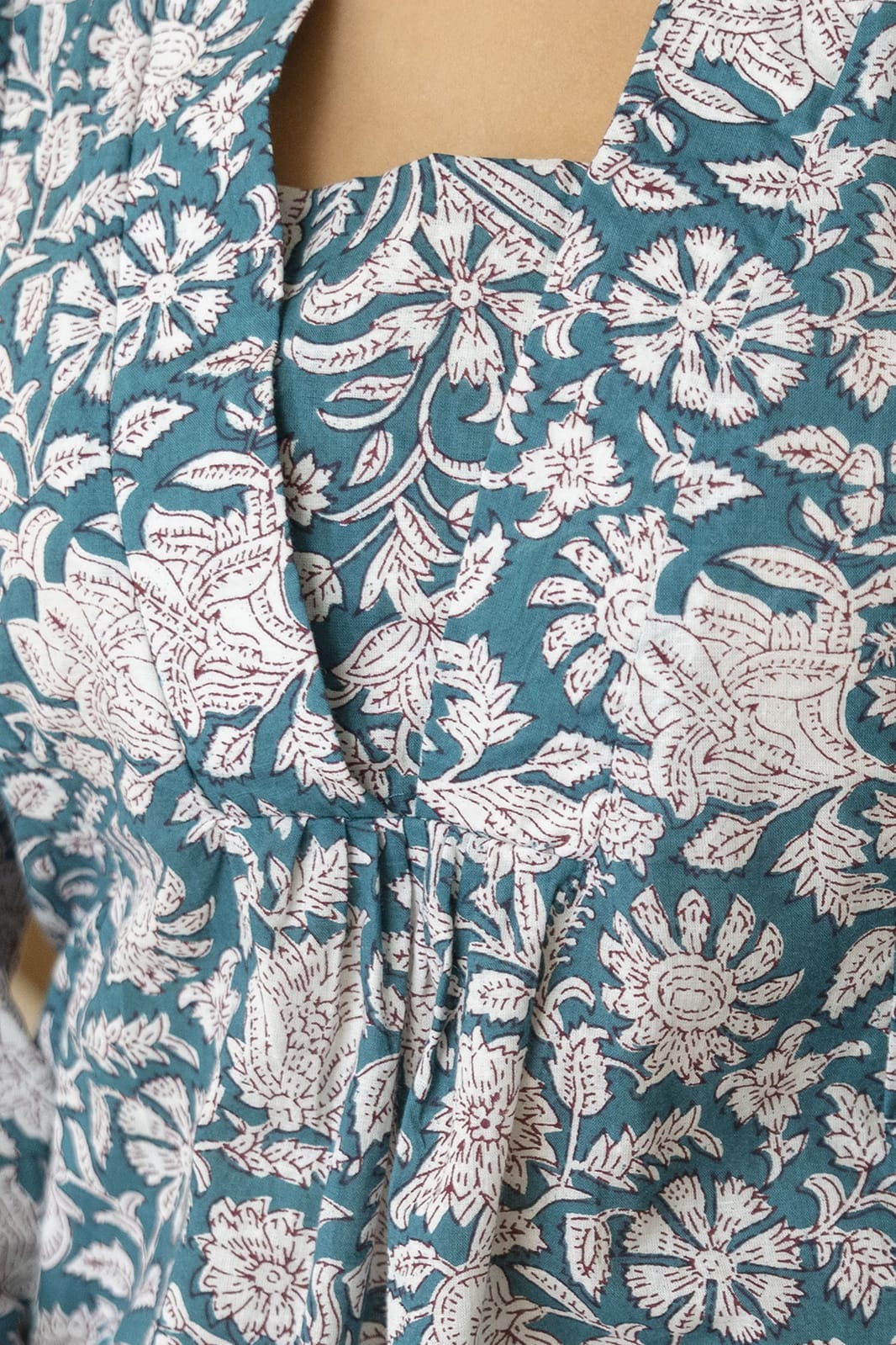 Teal Floral Cotton Short Kurti for Women