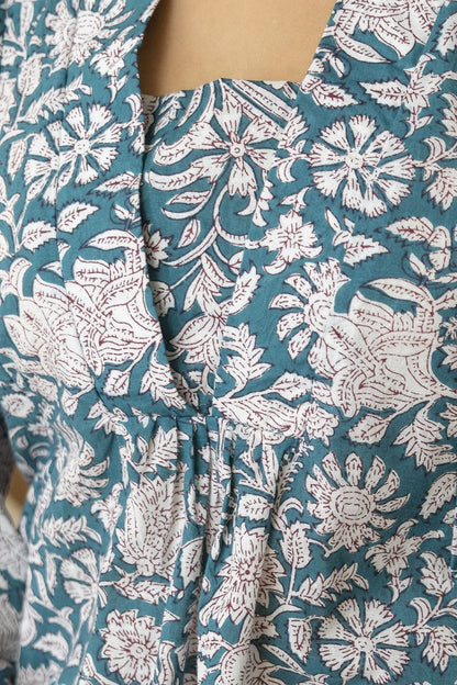 Teal Floral Cotton Short Kurti for Women