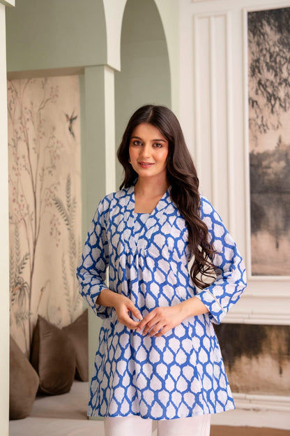 Blue Leaf Print Cotton Short Kurti for Women