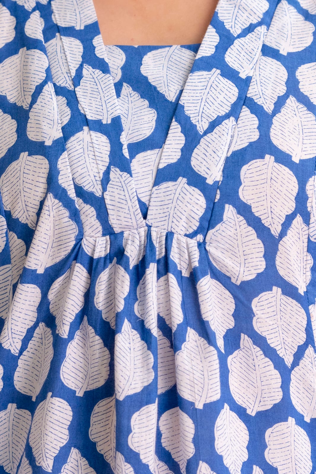 Blue Leaf Print Cotton Short Kurti for Women