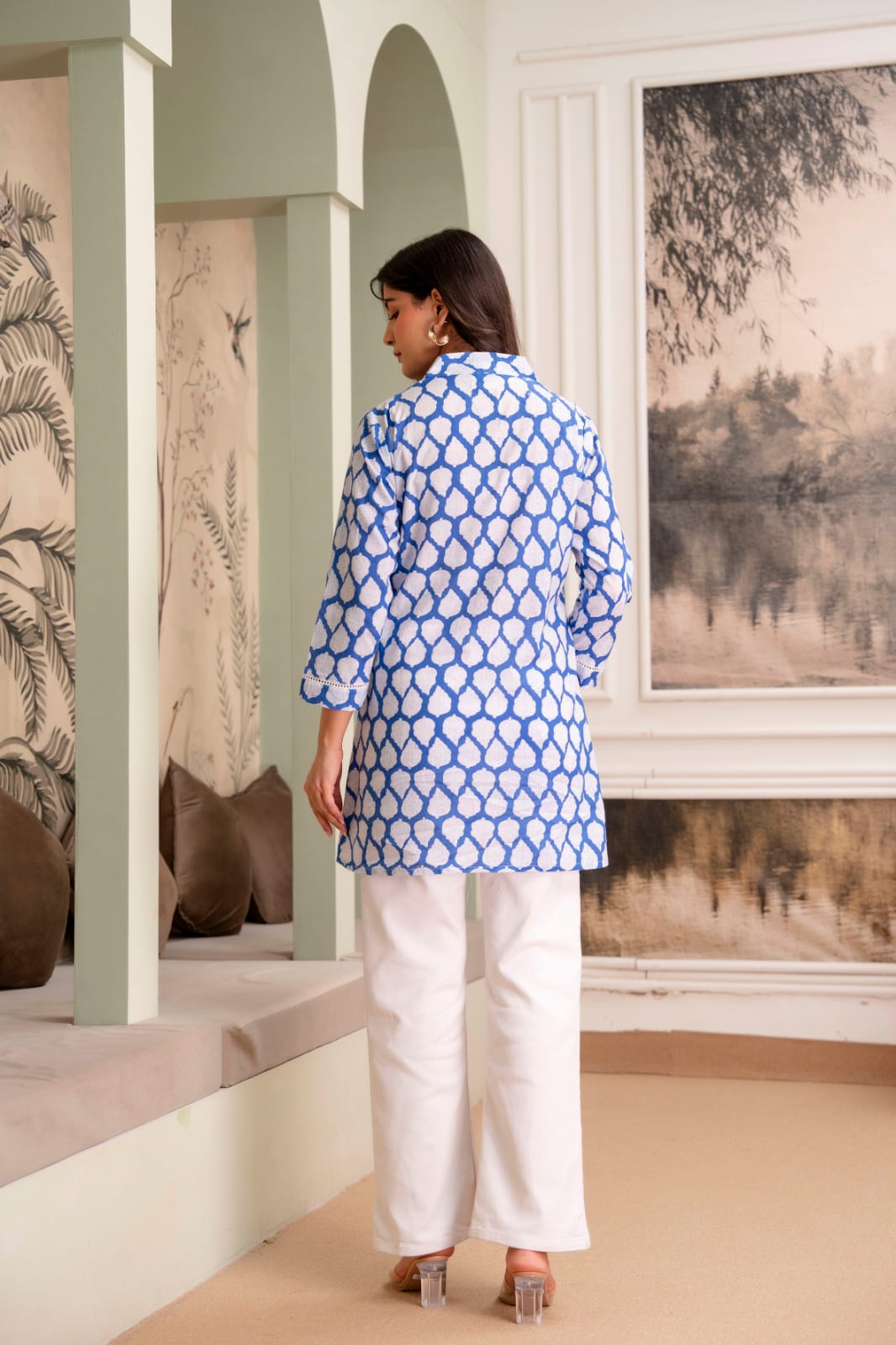 Blue Leaf Print Cotton Short Kurti for Women