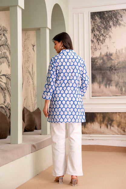 Blue Leaf Print Cotton Short Kurti for Women