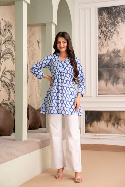 Blue Leaf Print Cotton Short Kurti for Women