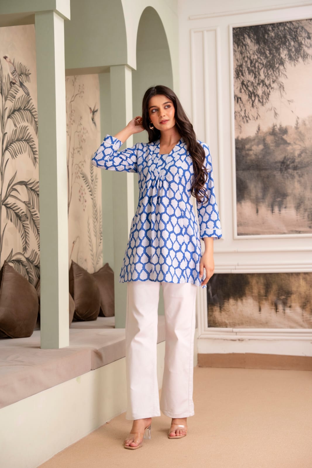 Blue Leaf Print Cotton Short Kurti for Women