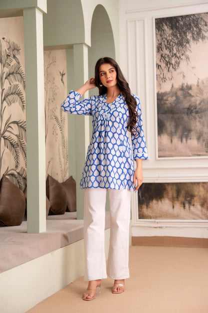 Blue Leaf Print Cotton Short Kurti for Women