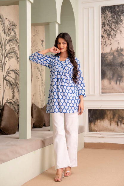 Blue Leaf Print Cotton Short Kurti for Women