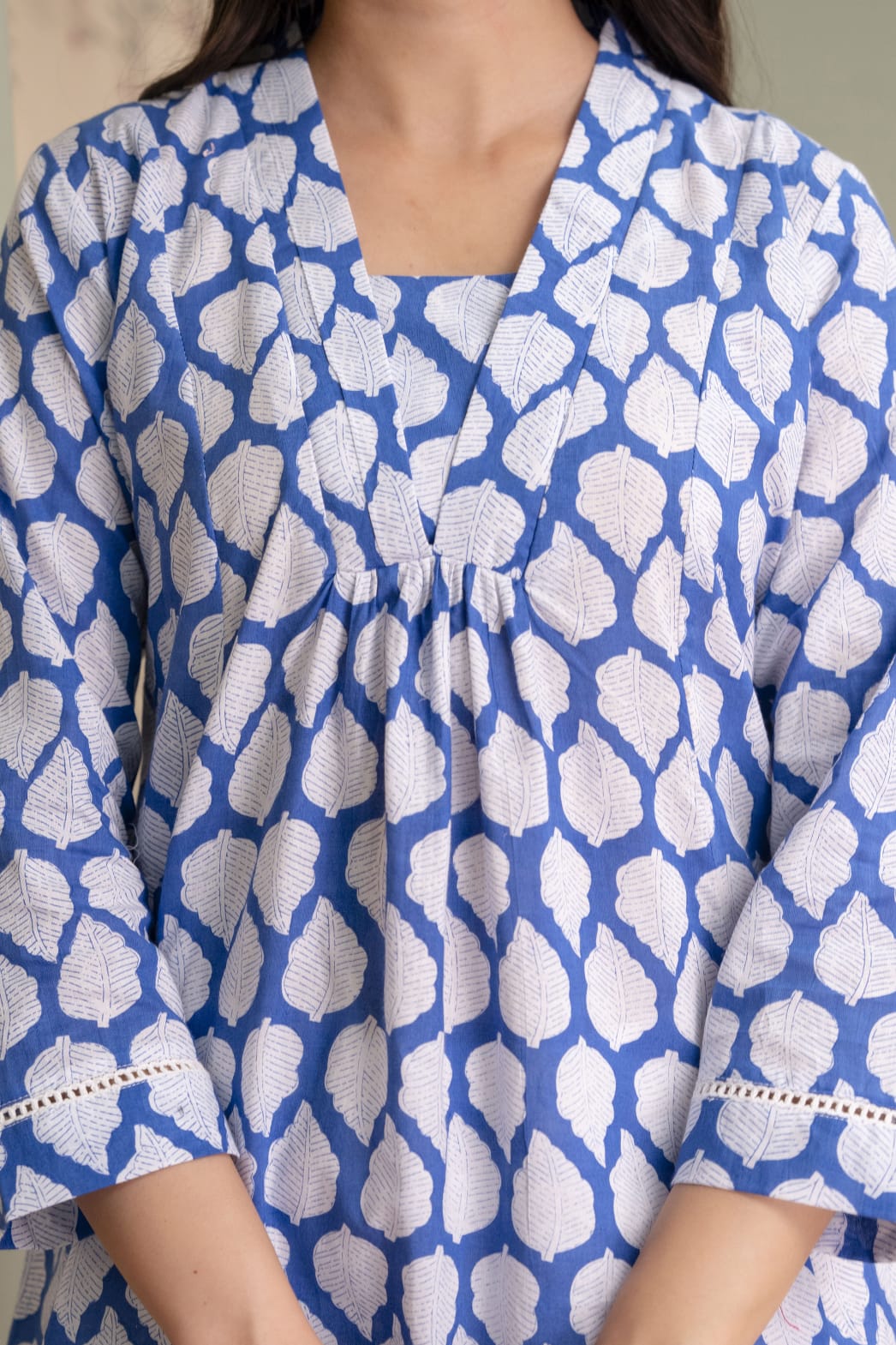 Blue Leaf Print Cotton Short Kurti for Women