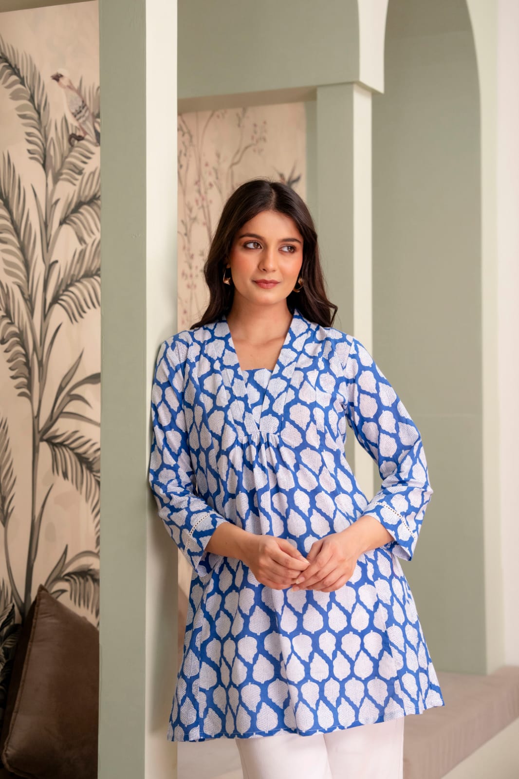 Blue Leaf Print Cotton Short Kurti for Women