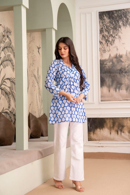 Blue Leaf Print Cotton Short Kurti for Women