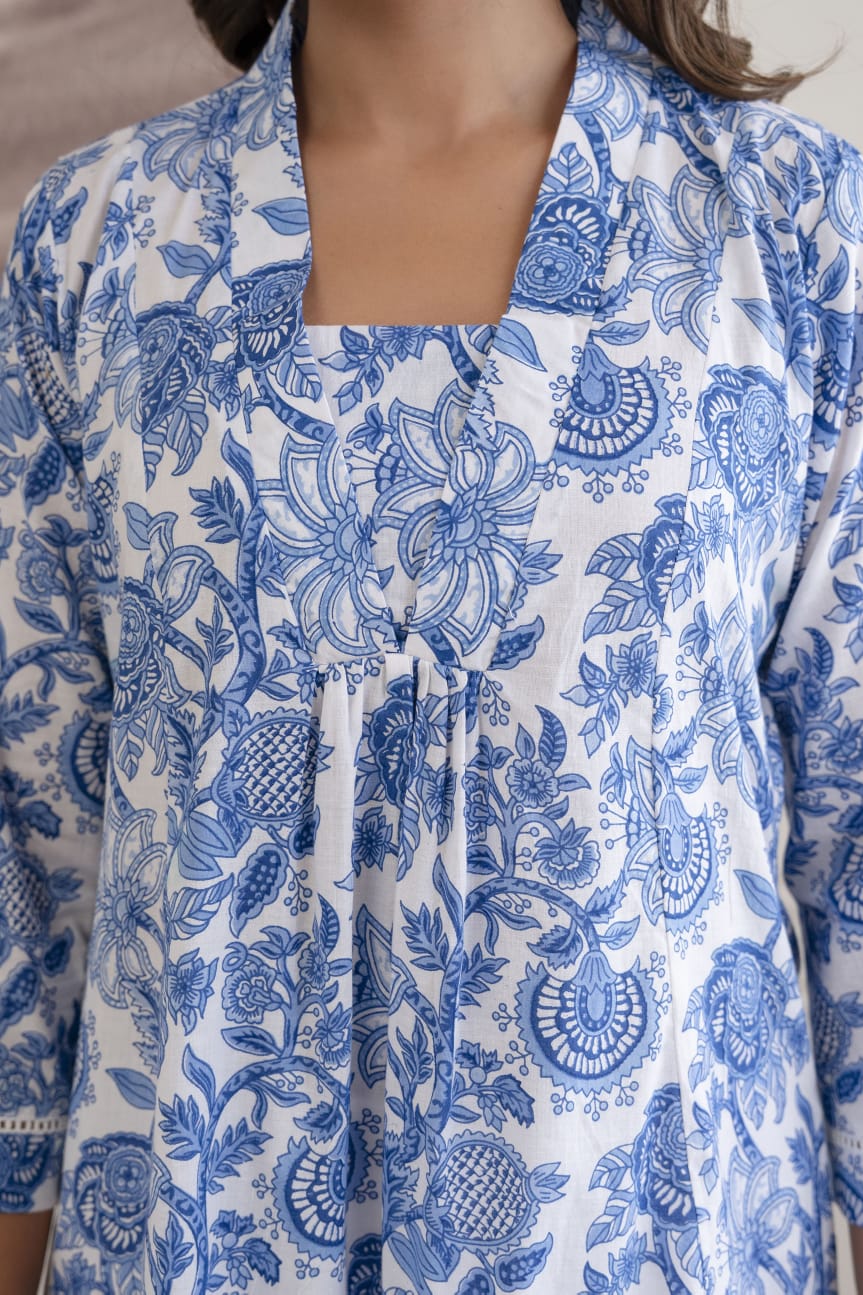 Blue Floral Cotton Short Kurti for Women