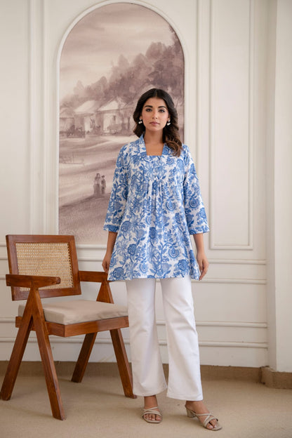 Blue Floral Cotton Short Kurti for Women