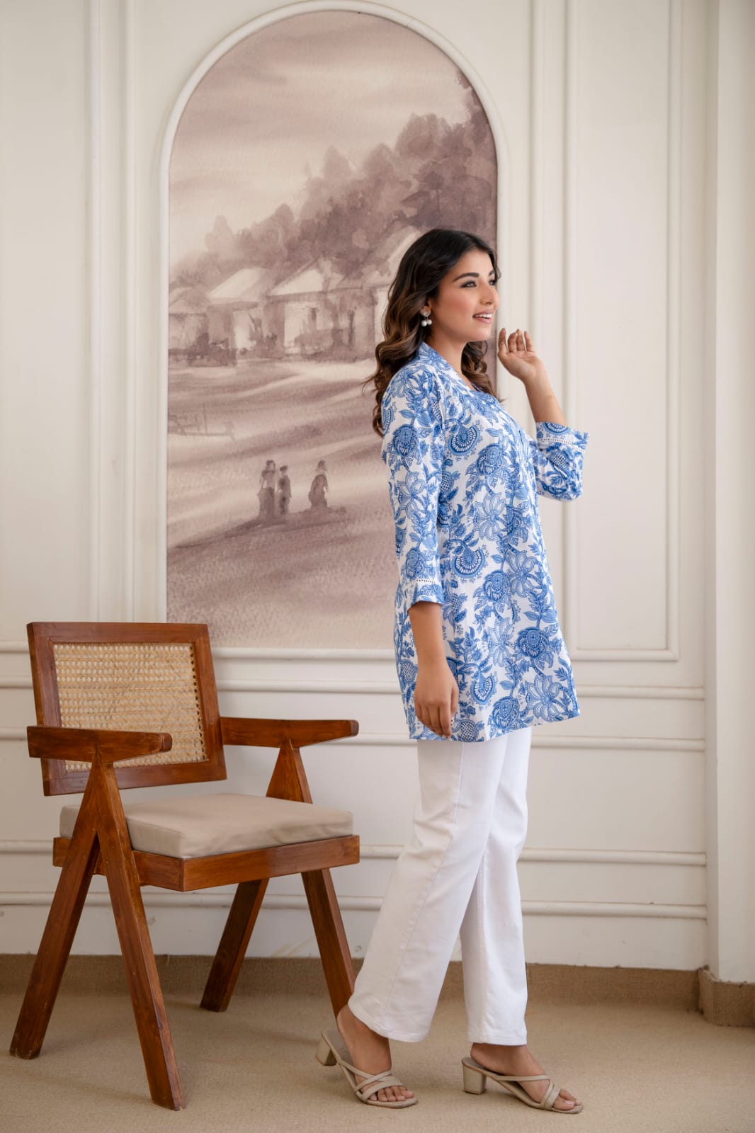 Blue Floral Cotton Short Kurti for Women
