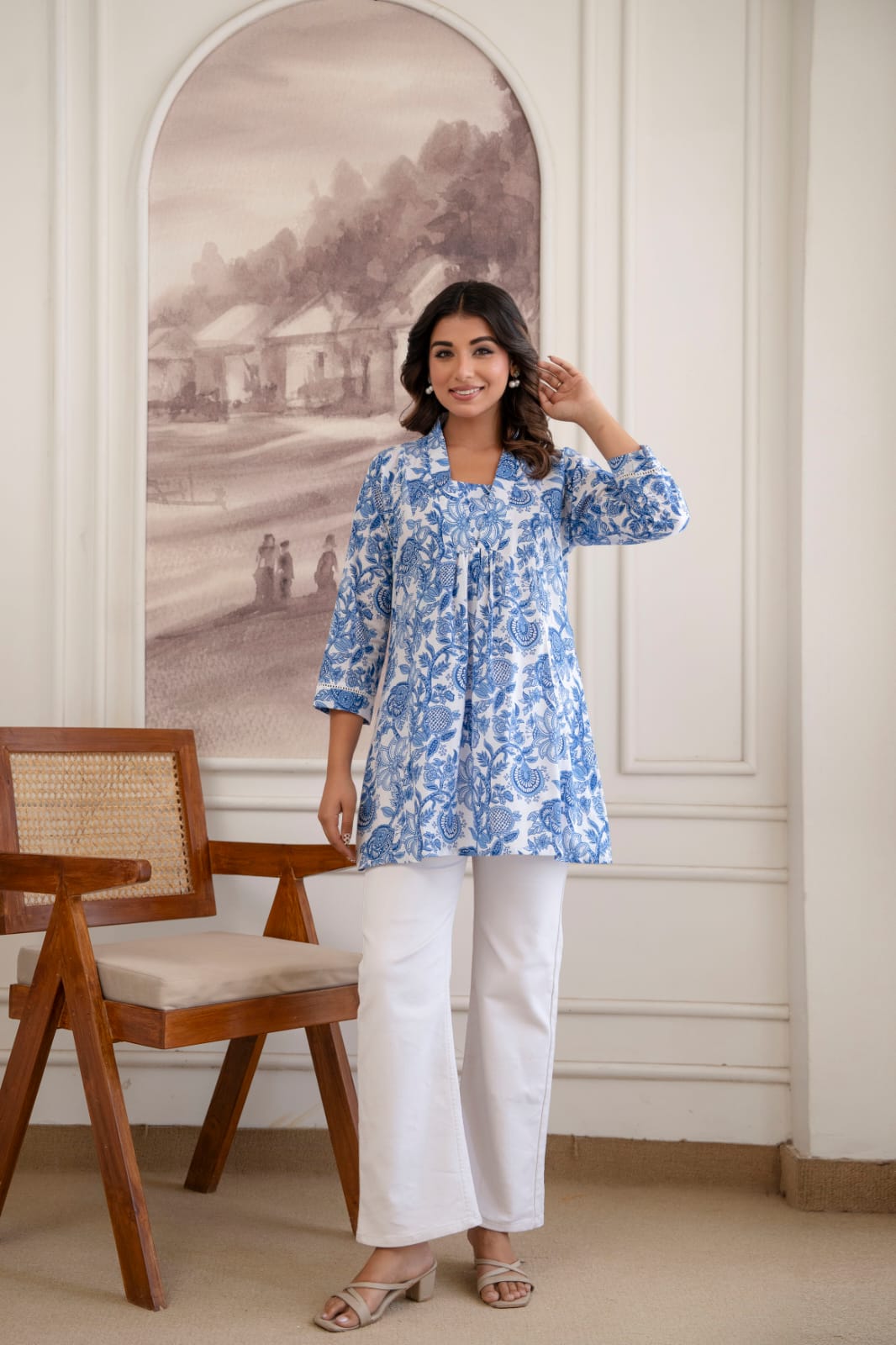 Blue Floral Cotton Short Kurti for Women