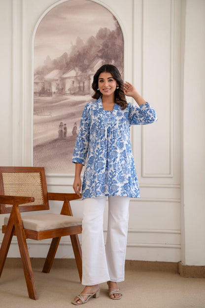 Blue Floral Cotton Short Kurti for Women