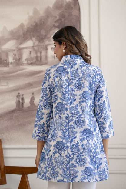 Blue Floral Cotton Short Kurti for Women