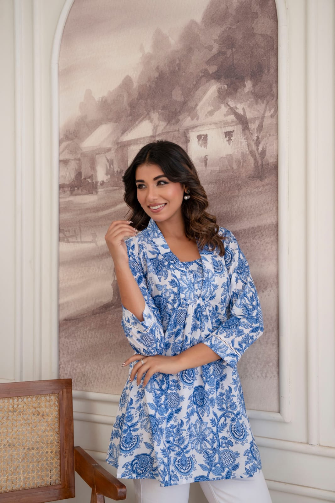 Blue Floral Cotton Short Kurti for Women
