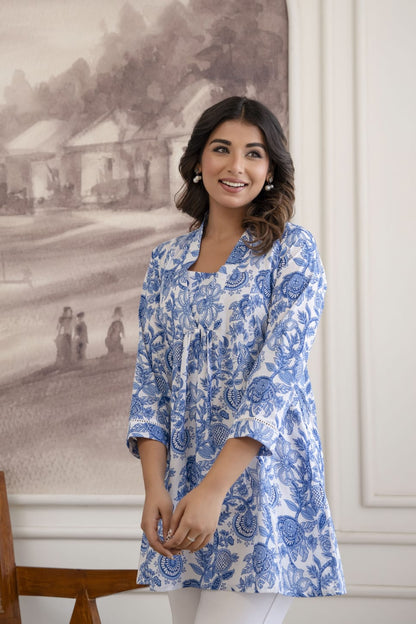 Blue Floral Cotton Short Kurti for Women