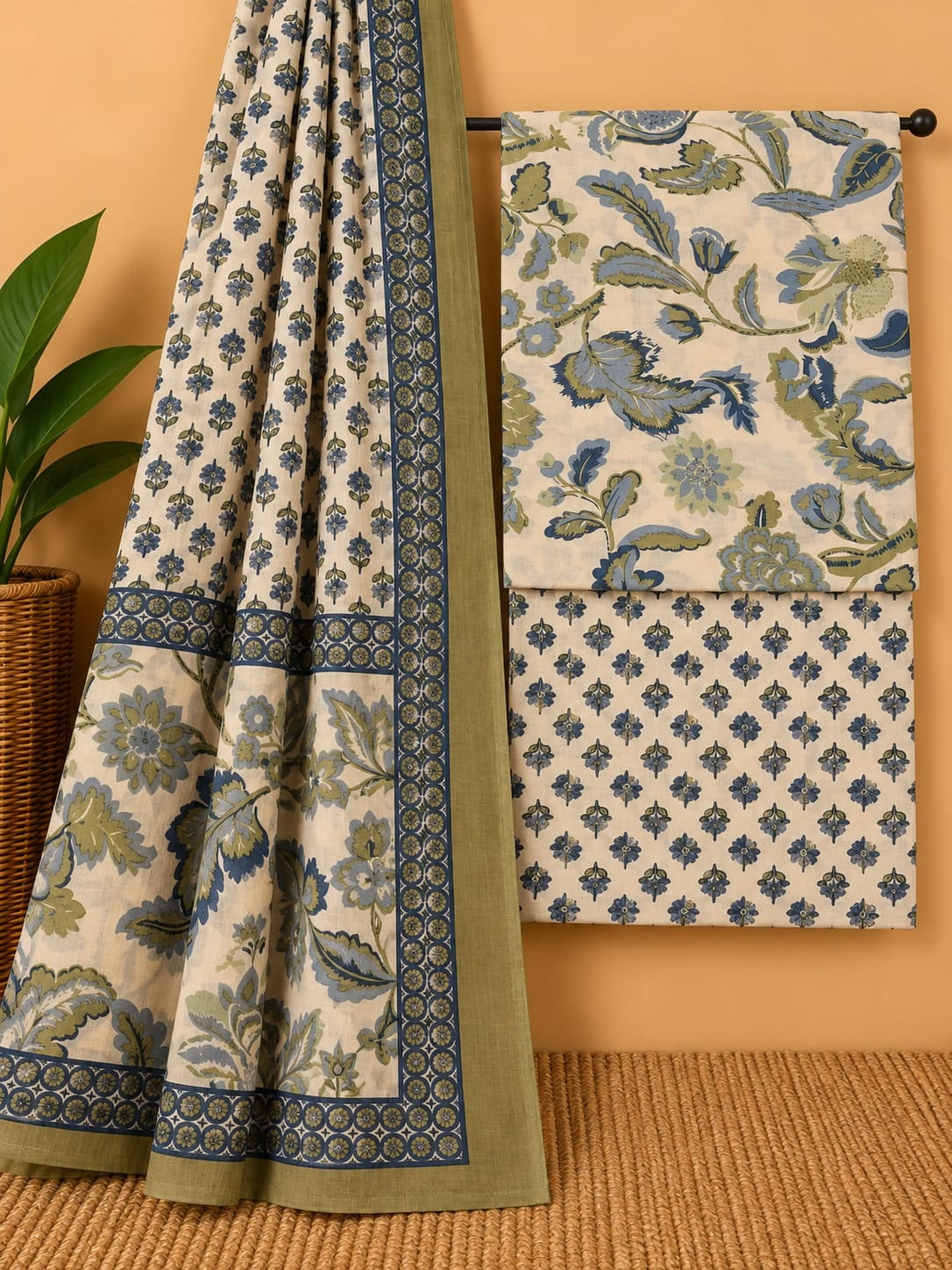 Off-White, Blue and Olive Green - Floral Print - Cotton screen print salwar suit set with cotton dupatta