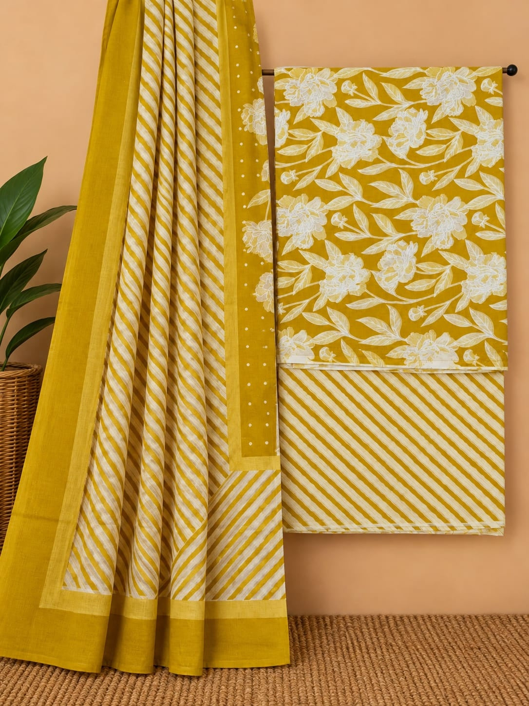 Mustard Yellow & White - Floral Jaal - Cotton screen print salwar suit set with cotton dupatta