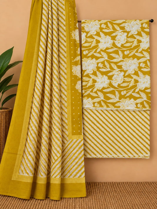 Mustard Yellow & White - Floral Jaal - Cotton screen print salwar suit set with cotton dupatta