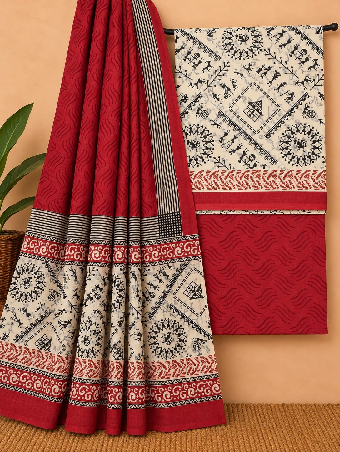 Maroon & Off-White - Ethnic Motif - Cotton screen print salwar suit set with cotton dupatta