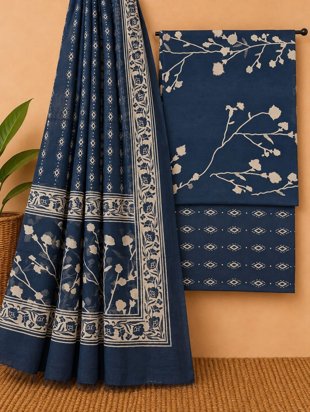 Indigo Blue & Off-White - Floral Print - Cotton screen print salwar suit set with cotton dupatta