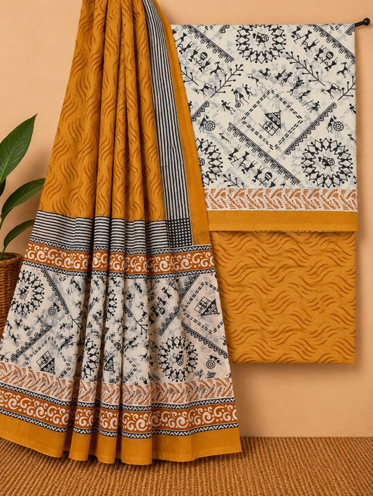 Mustard Yellow & Off-White - Traditional Print - Cotton screen print salwar suit set with cotton dupatta