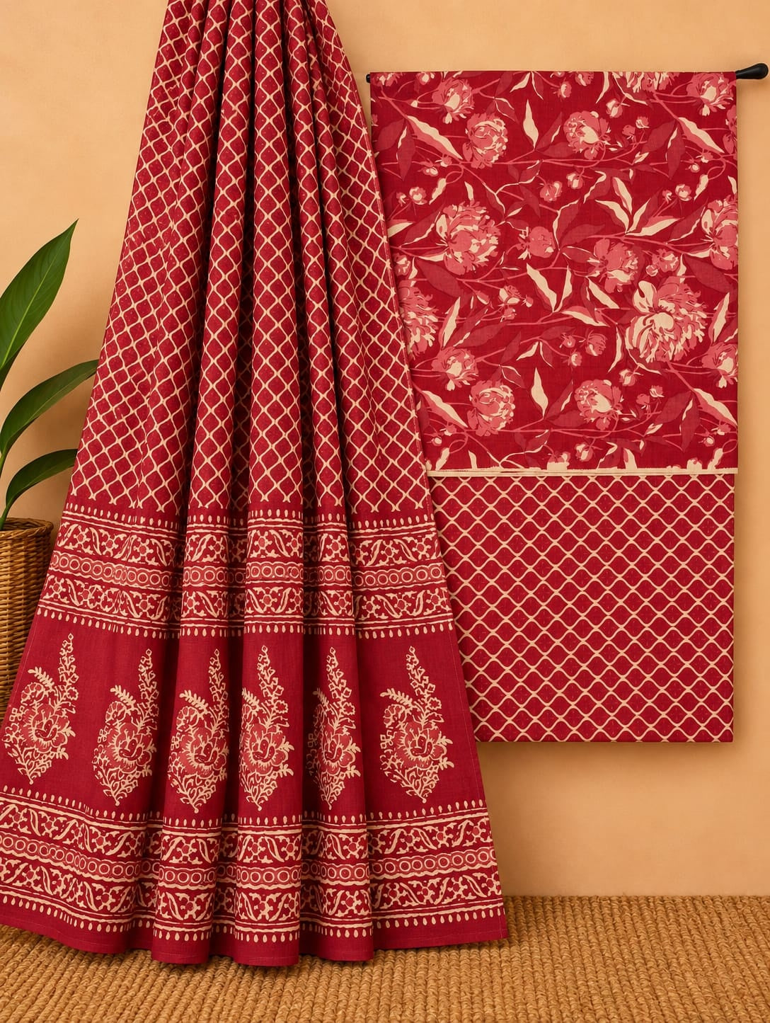 Maroon & Off-White - Floral Jaal - Cotton screen print salwar suit set with cotton dupatta