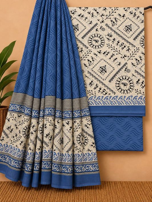Blue & Off-White - Traditional Print - Cotton screen print salwar suit set with cotton dupatta