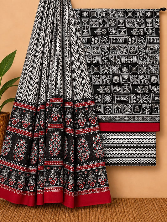 Black, White & Red - Traditional Print - Cotton screen print salwar suit set with cotton dupatta