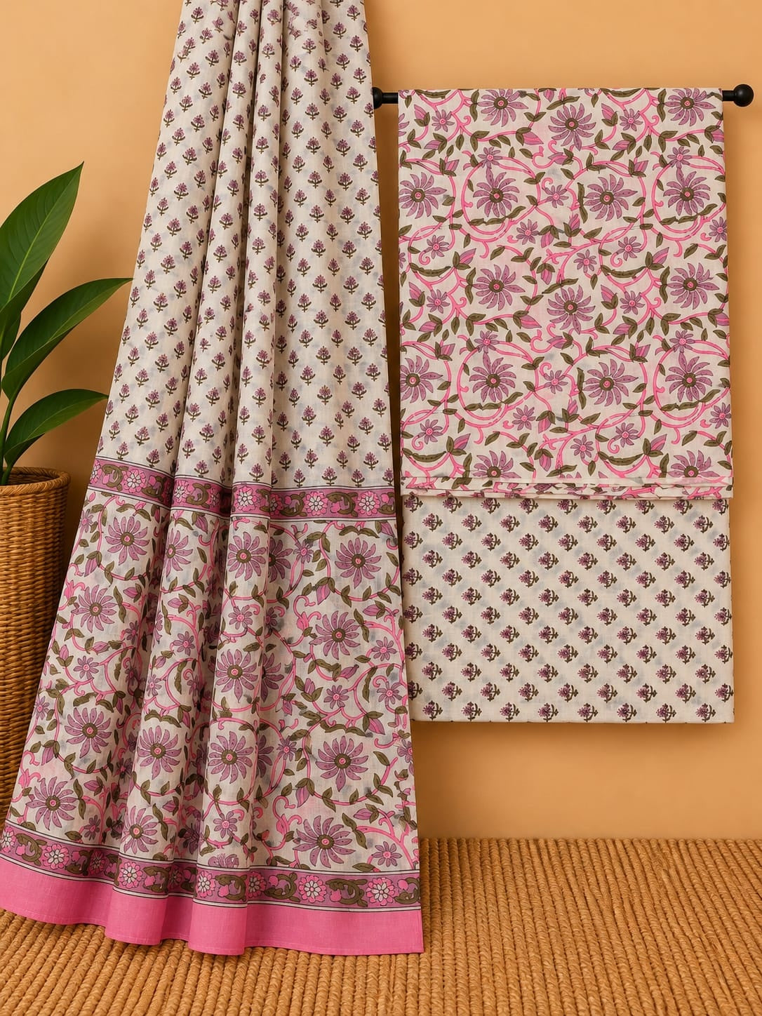 Pink & Off-White - Floral Jaal - Cotton screen print salwar suit set with cotton dupatta