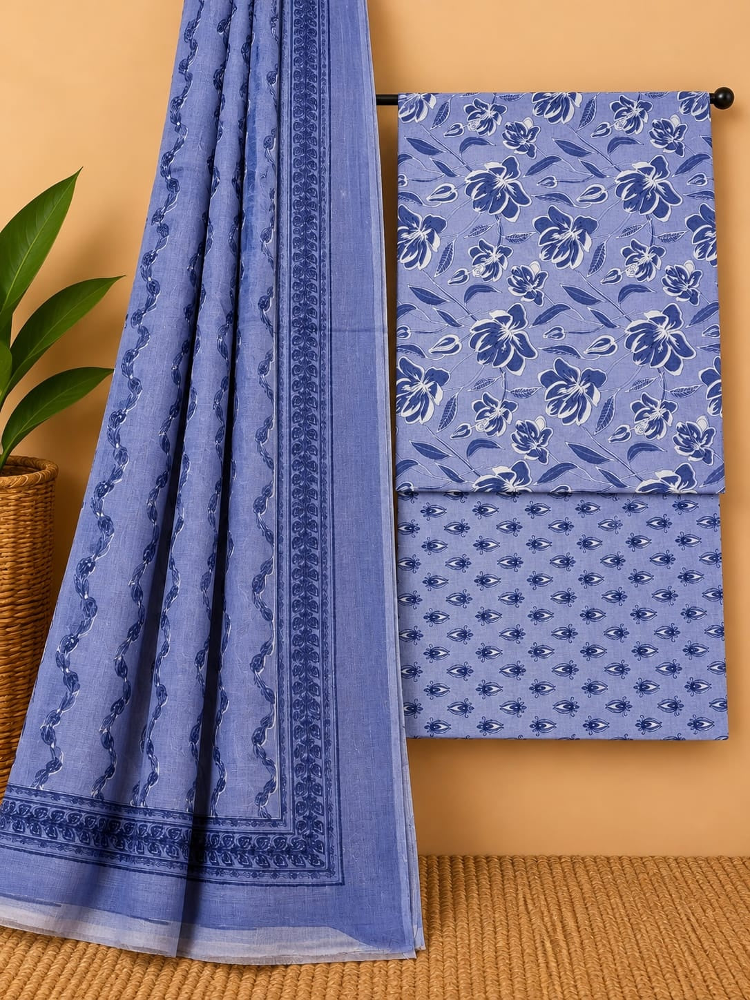 Indigo Blue - Floral Booti - Cotton screen print salwar suit set with cotton dupatta
