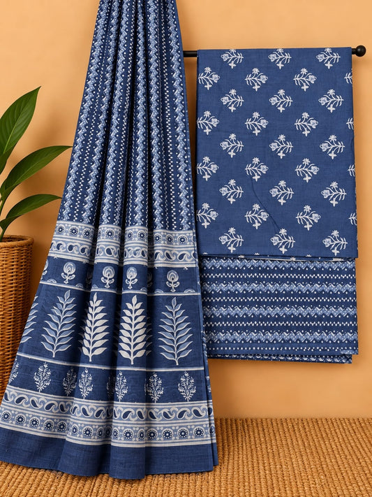 Indigo Blue & White - Floral Booti - Cotton screen print salwar suit set with cotton dupatta
