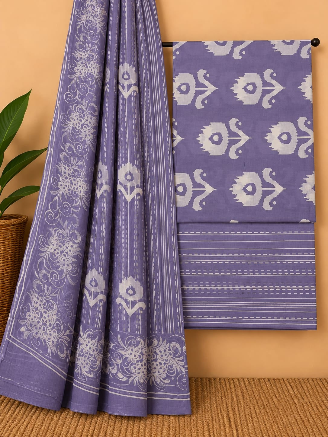 Lavender & White - Ethnic Motif - Cotton screen print salwar suit set with cotton dupatta