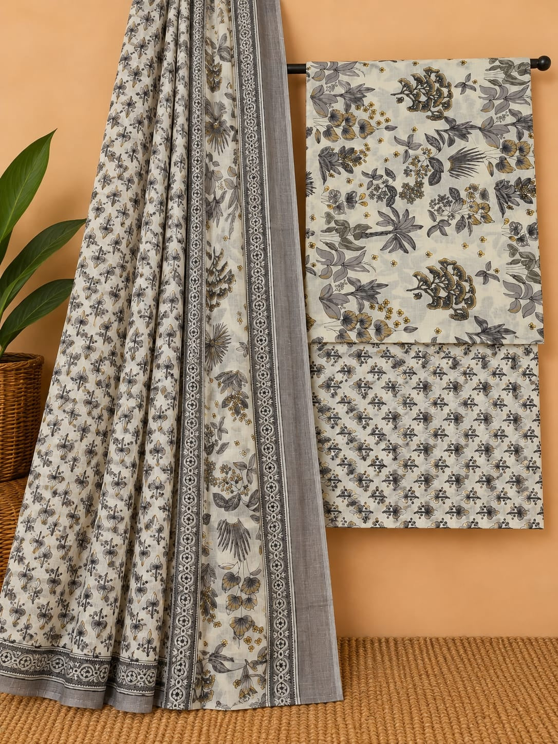 Grey & Off-White - Floral Jaal - Cotton screen print salwar suit set with cotton dupatta