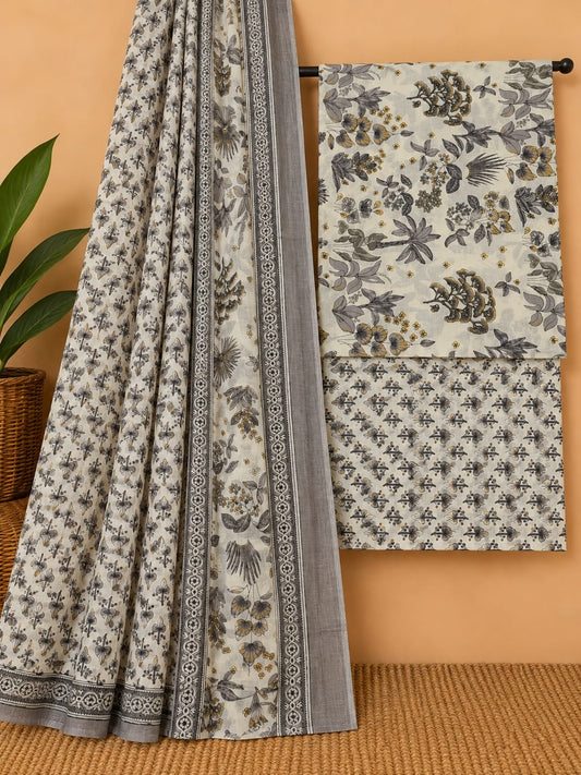 Grey & Off-White - Floral Jaal - Cotton screen print salwar suit set with cotton dupatta