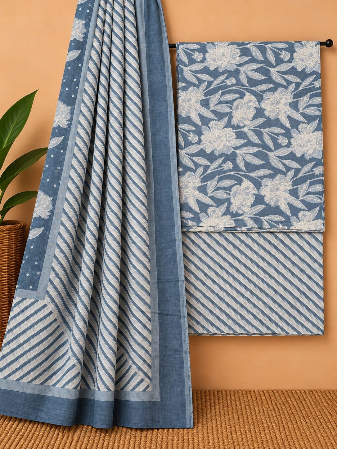 Indigo Blue & White - Floral Jaal - Cotton screen print salwar suit set with cotton dupatta