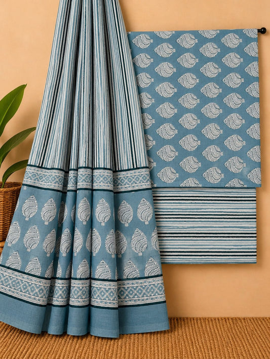 Blue & White - Leaf Print - Cotton screen print salwar suit set with cotton dupatta