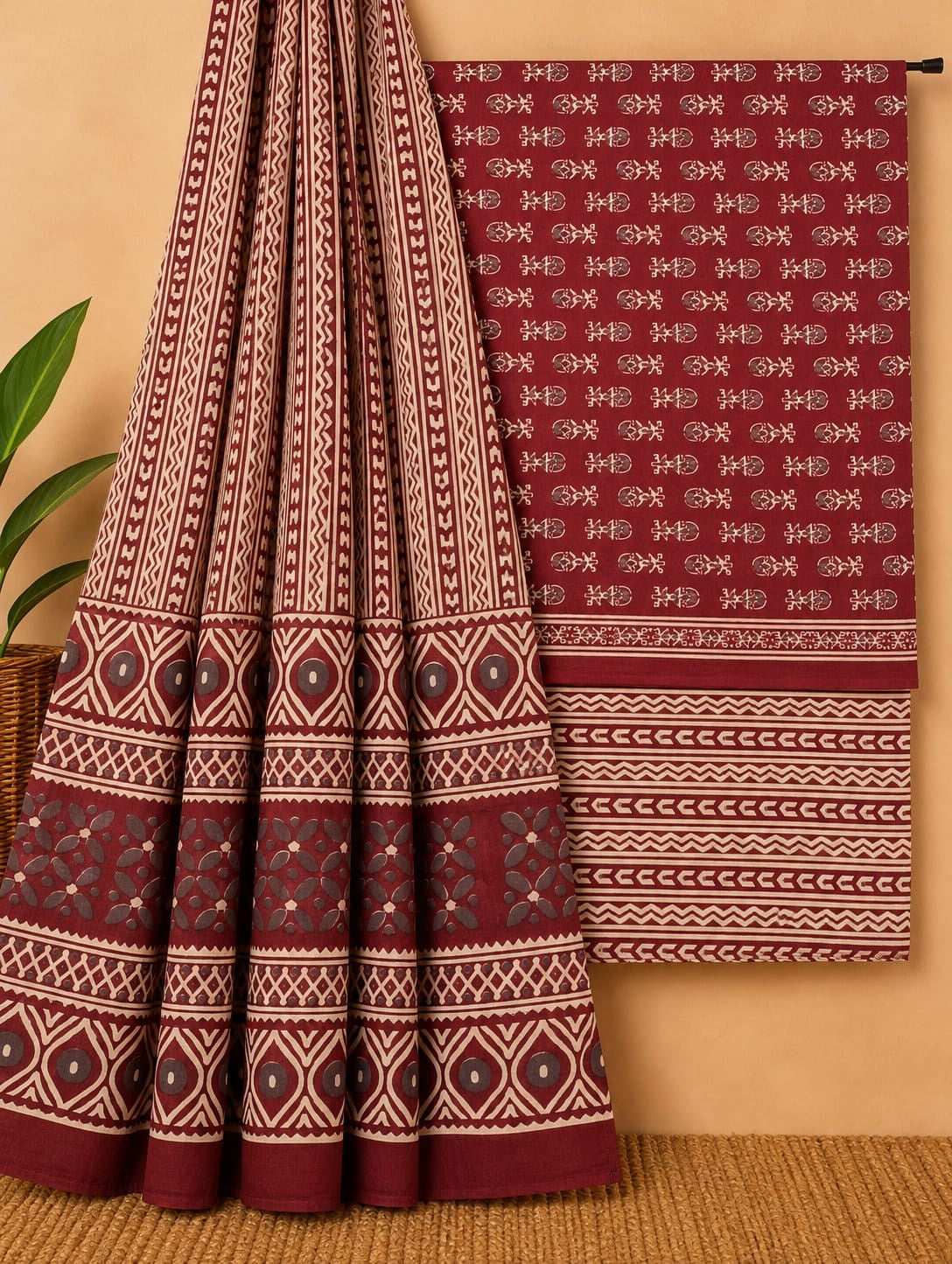 Maroon & Off-White Ethnic Motif Unstitched Cotton Screen Print Salwar Suit Set with Mul Cotton Dupatta