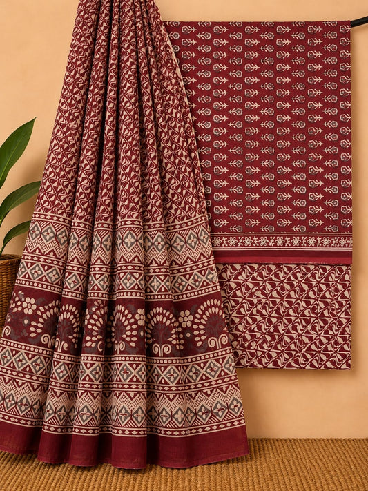Maroon & Off-White Traditional Print Unstitched Cotton Screen Print Salwar Suit Set with Mul Cotton Dupatta